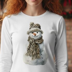 Snowman Leopard Christmas T-shirt Long sleeve S M L XL XXL Custom made New White